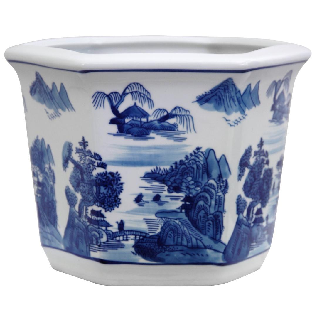 Oriental Furniture 10" Landscape Blue & White Porcelain Flower Pot