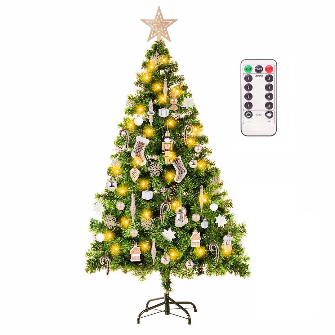 Artificial Christmas Tree with Christmas Tree Decorations Ornaments Set, Fake Christmas Tree Prelit with Lights (8 Modes) and Full Set of Christmas Tree Ornament (Champagne+White, 4FT)