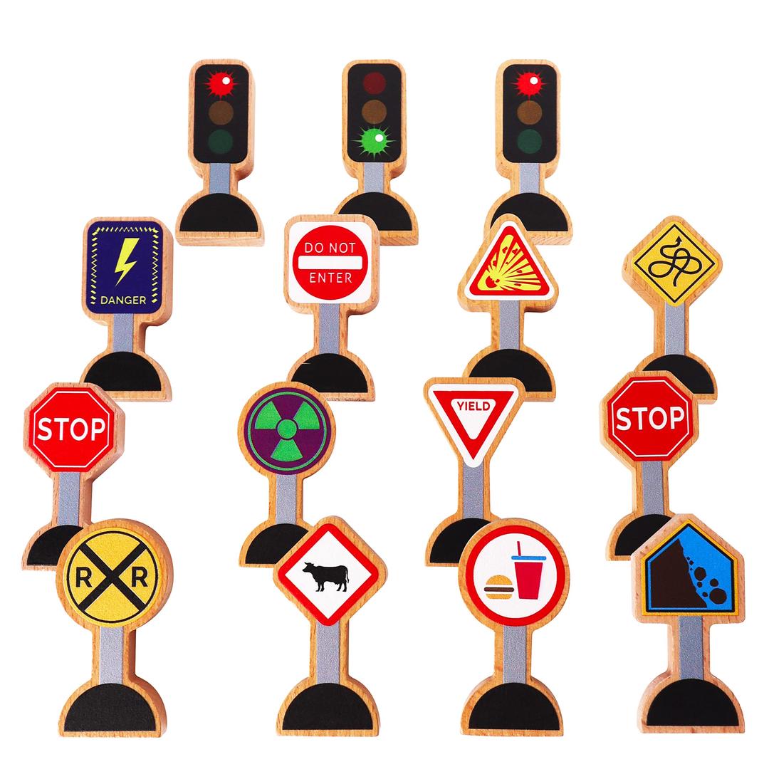 15 Pieces - Wooden Traffic Signs For Kids - Zany Street Signs for Play Mats, Toy Trains and Cars - Wooden Street Signs Road Signs - Educational Preschool Train Track Accessories - Zany Trains Series 2