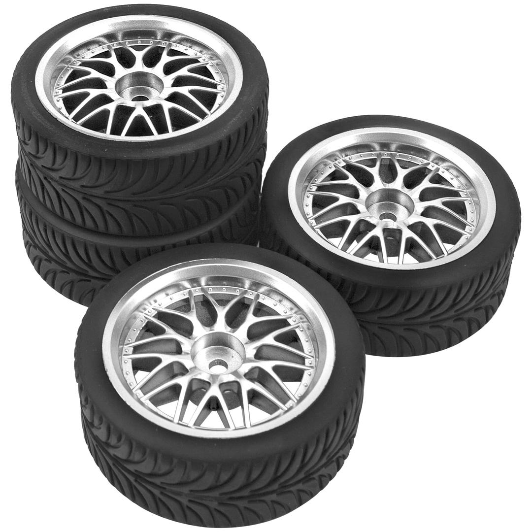 OD 2.55" Rubber Tires & Plastic Wheel Rims 12mm Hex Hub Compatible with HSP Tamiya HPI Kyosho Redcat ExceedRC 1/10 On-Road Touring Car,WLtoys 1/14 144001 RC Buggy (Silver)