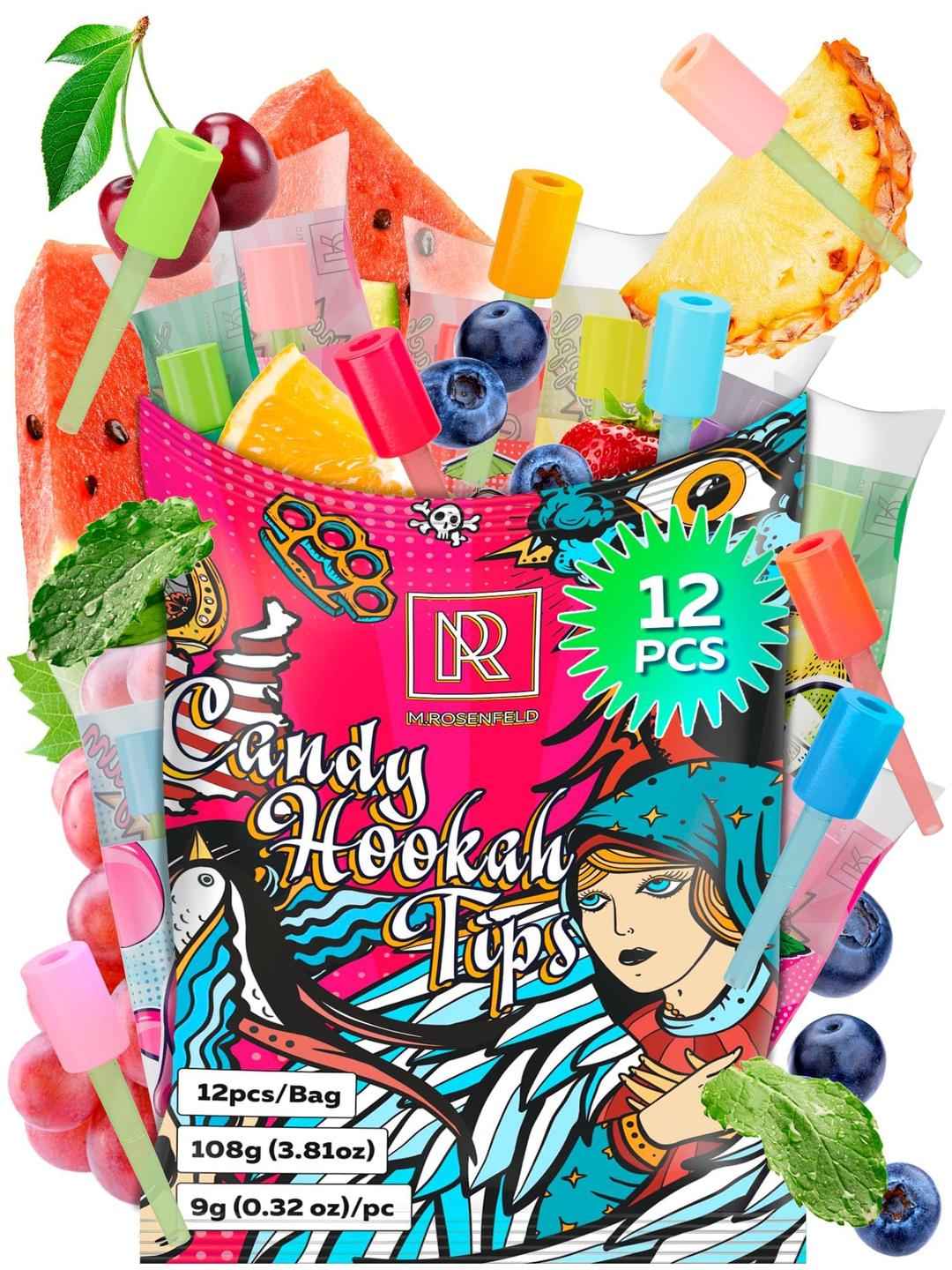 Candy Hookah Tips - 12 pcs Glow in The Dark Jolly Tips - Individually Wrapped Hookah Tips Lollipop Shisha Accessories - 12 Different Hookah Candy Tips Delicious Flavors - Hookah Tips Disposable