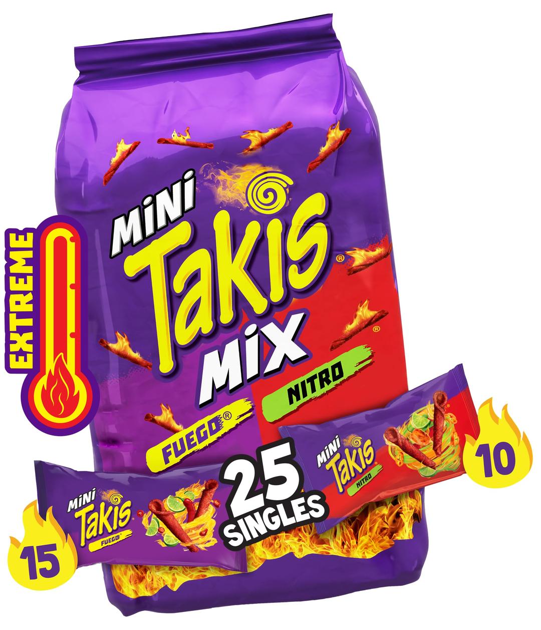 TakisMini 25 pc / 1.23 oz Bite Size Variety Pack, Assorted Flavored Mixed Rolled Tortilla Chips – (15) Fuego Mini 1.23 oz, (10) Nitro Mini 1.23 oz