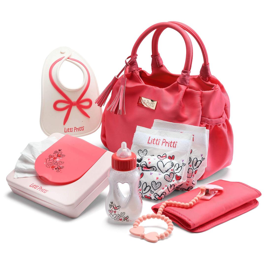 Litti PrittiBaby Doll Accessories Set - 9-Piece Diaper Bag Playset with Baby Doll Diapers, Magic Bottle, Silicone Bib, Wipes, Teether, Changing Pad, and More - Baby Doll Stuff for Ages 3-8 Years