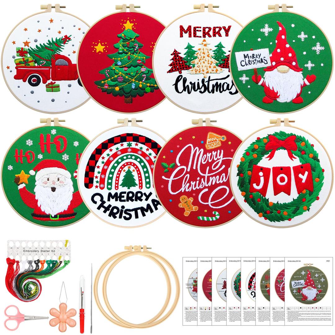 Riceshoot8 Set Christmas Embroidery Kit for Beginner Adults Xmas Cross Kit with Patterns Instructions, Embroidery Cloth, Embroidery Hoops, Threads, Needles, Needle Threaders, Thread Remover, Scissors