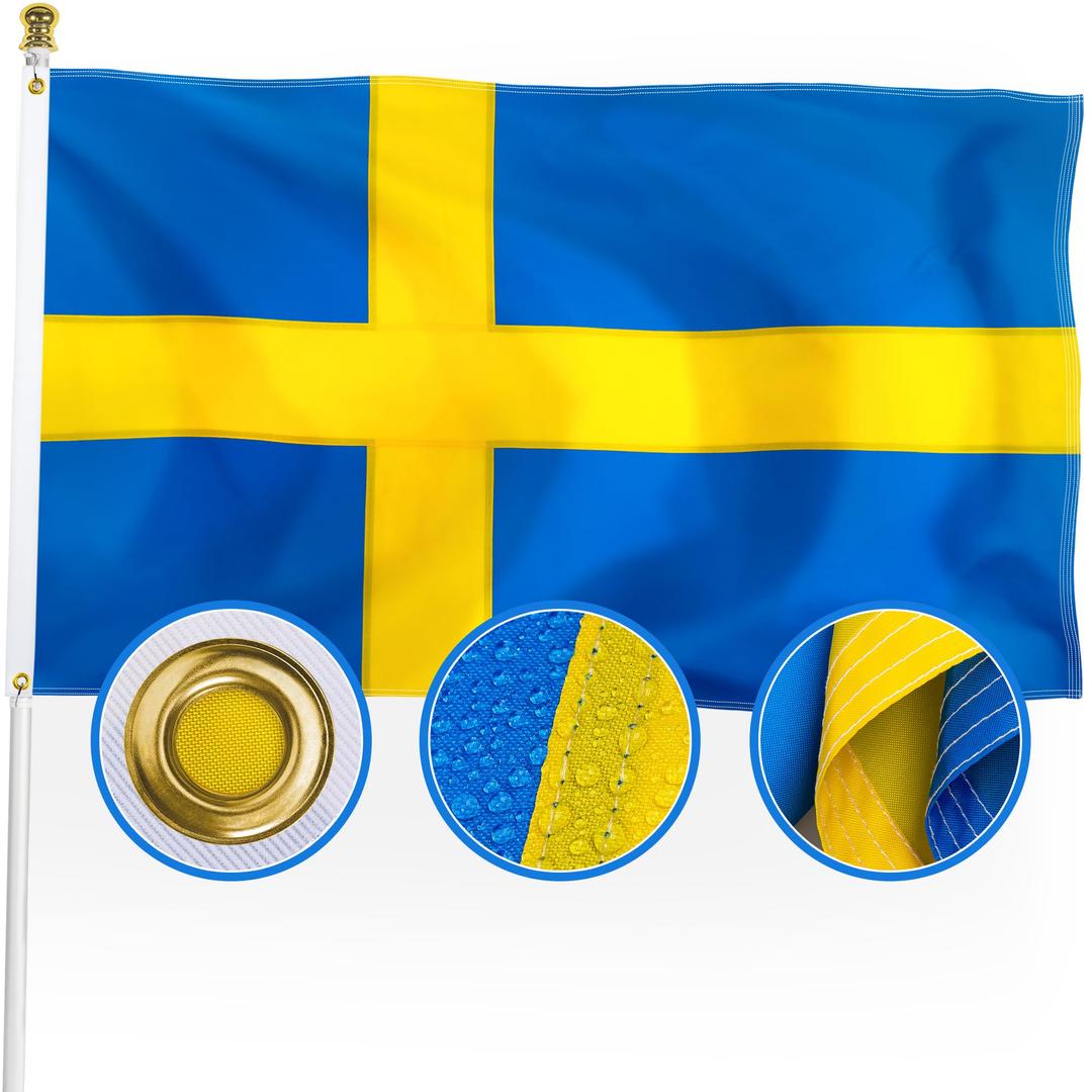 XIFAN Premium Nylon Sweden Swedish Flag 3x5 Outdoor, Double Sided Heavy Duty 210D Nylon Swedish National Country Flags, with Sewn Stripes/4 Stitch Hemming/Brass Grommets