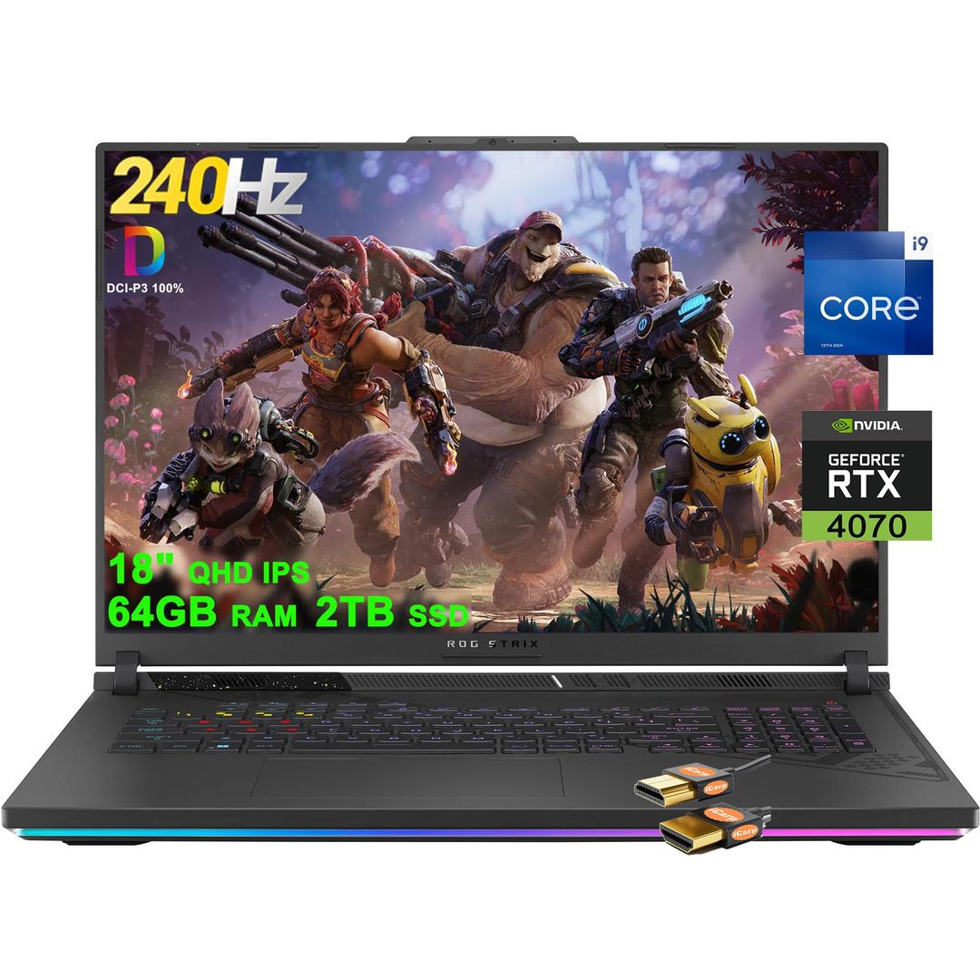 ASUS ROG Strix G18 G814 Gaming Laptop 18" QHD 240Hz (100% DCI-P3, 3ms) Intel 24-Core i9-13980HX 64GB RAM 2TB SSD GeForce RTX 4070 8GB Thunderbolt RGB Backlit Fast Charging Win11 Black + HDMI Cable