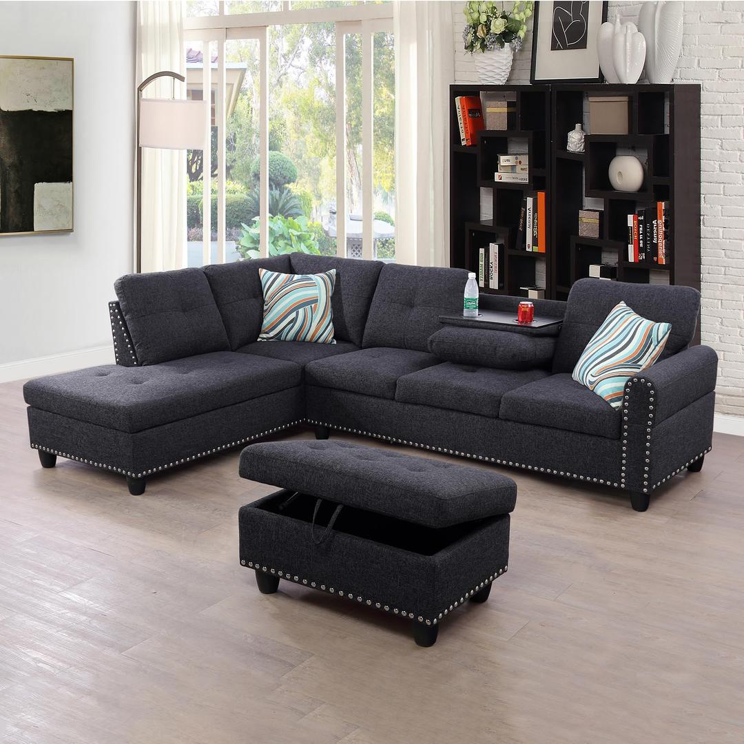 EMKK L-Shape Sectional Sofa with Chaise and Ottoman, Sofa & Couch w/Cup Holder, 2 Pillows,Corner Couch for Living Room Furniture Sets