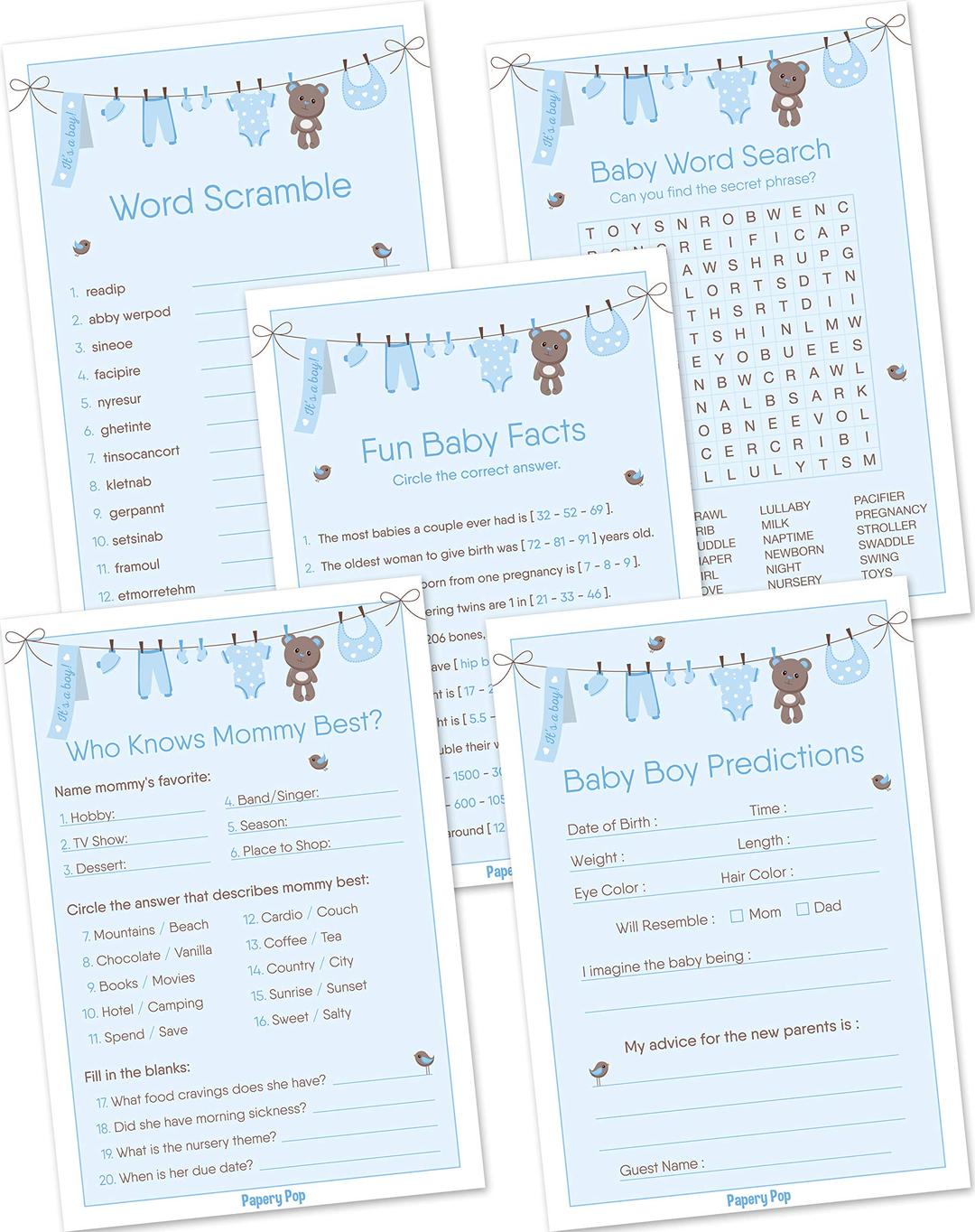 Baby Shower Games for Boy - Set of 5 Activities for 50 Guests - Pack of 250 Cards - Baby Shower Supplies