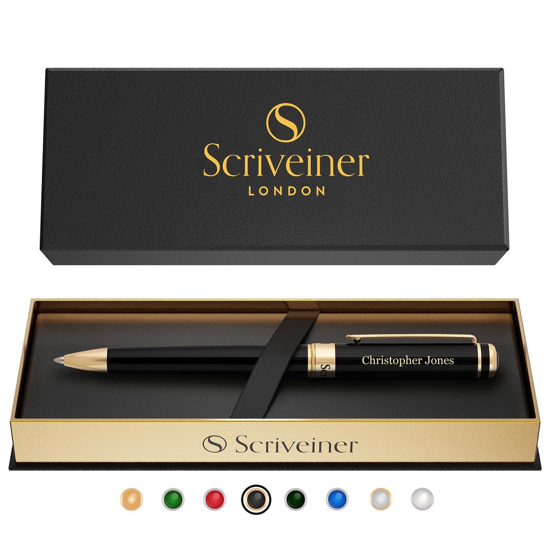 ScriveinerPersonalized Black Ballpoint Pen - Stunning Luxury Pen, Jet Black Lacquer, 24K Gold Finish, Schmidt Ink Refill, Best Engraved Ball Point Gift Set for Men & Women, Custom Name Engraving