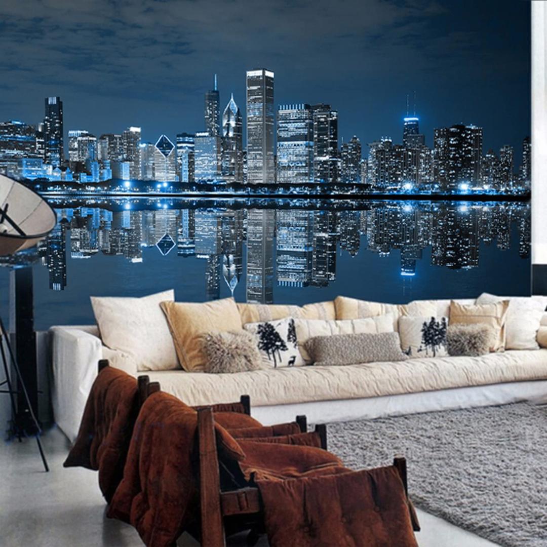 City Skyline Large Night Landscape Mural Wallpaper, Wall Buildings Wall Art 3D Mural Photo Decor Paintings, Wall Artwork Decor for TV Background Wall Living Room and Bedroom 118"W x 82.6"H