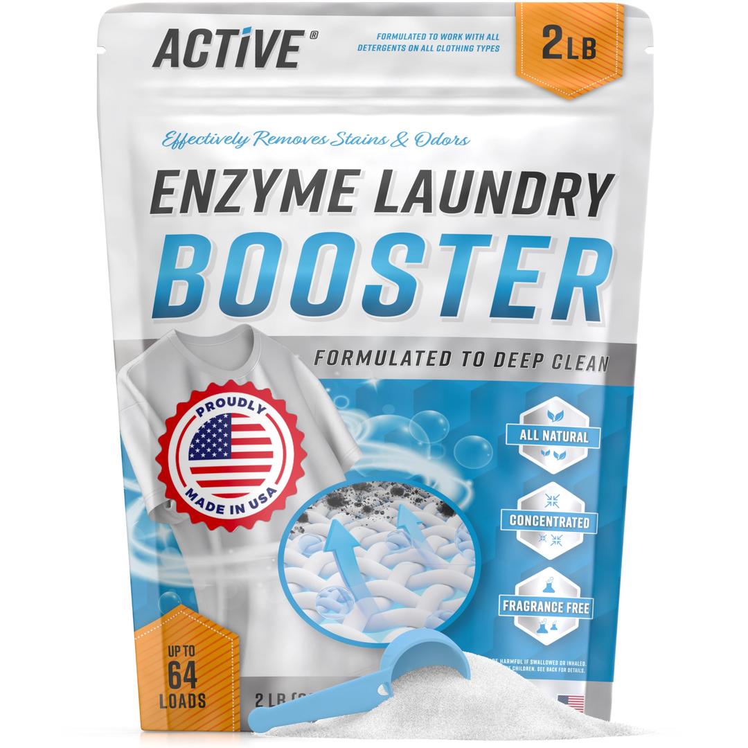 Enzyme Laundry Booster Odor Remover - 2 lbs Unscented Enzymatic Clothes Stain Cleaner Powder, Natural Deodorizer with Bio Active Enzymes, Detergent Additive Eliminator for Sweat, Oil, Blood - 64 Loads