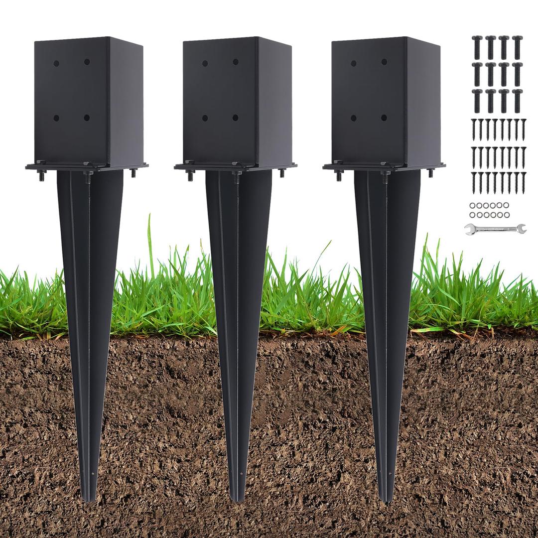 3 Pcs 4"x4" Fence Post Anchor Ground Spike 22"(Internal 3.6"x3.6"), Fence Stakes Post Base with Black Powder-Coated for Deck,Fence,Porch,Railing,Mailbox