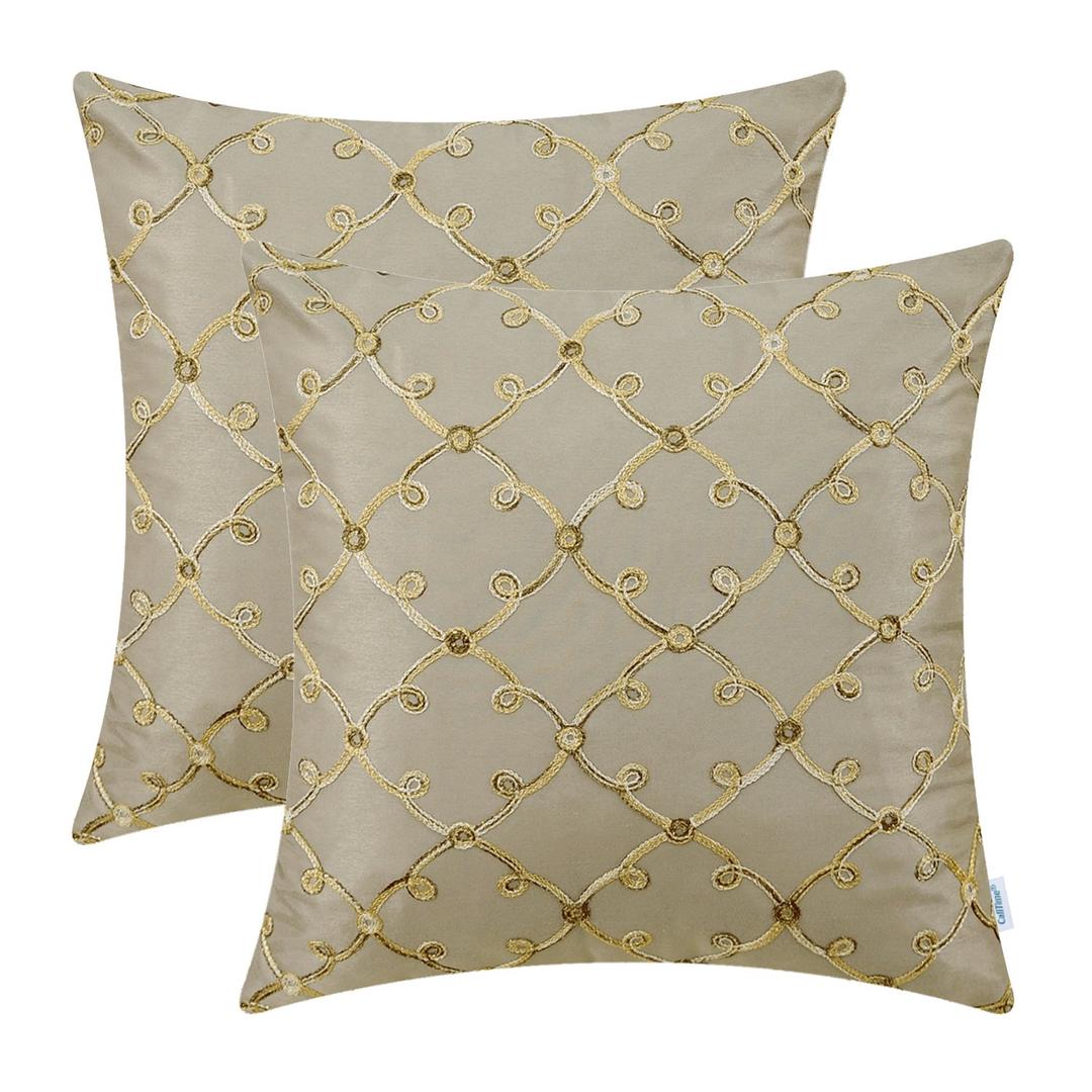 CaliTime Pack of 2 Faux Silk Throw Pillow Covers Cases for Sofa Couch Home Decoration 18 X 18 Inches Gradient Trellis Geometric Chain Embroidered Taupe