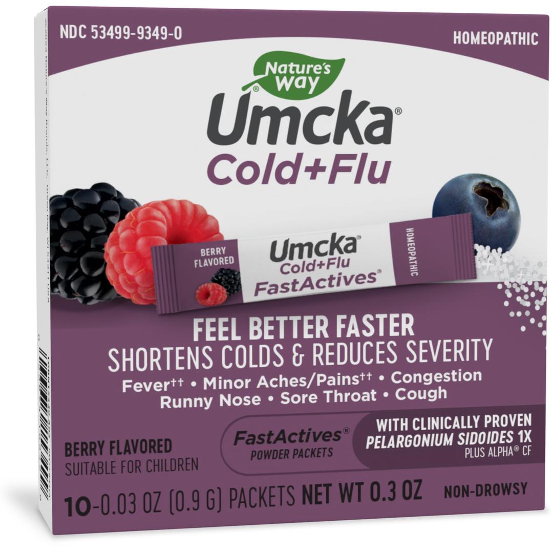 Nature's Way Cold + Flu Relief FastActives, Umcka, Homeopathic, Fever**, Sore Throat, Cough, Congestion, Body Aches**, Phenylephrine Free, Non-Drowsy, Berry Flavored, 10 Packets (Packaging May Vary)