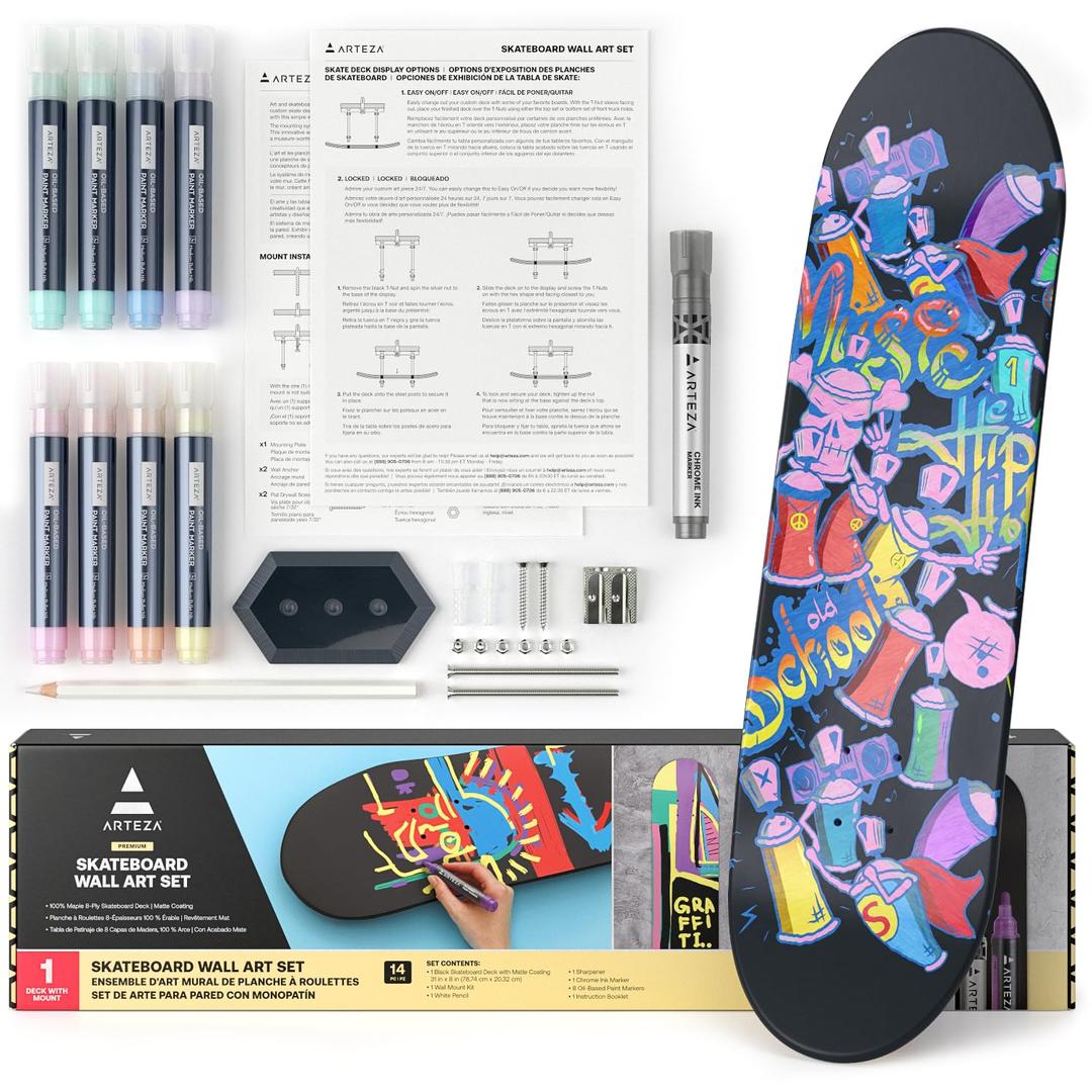 ARTEZAARTEZA Customizable Skateboard Deck Art Kit – 31"x8" Matte Coated Maple Deck with Display Mount, Chrome Marker, White Pencil, Oil-Based Paint Markers & More