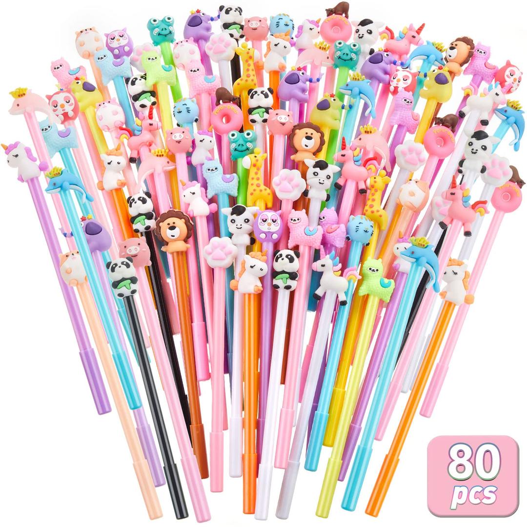 80 Pieces Cute Fun Cartoon Gel Ink Pens Black Ink Cool Pens Cute Pens Bulk Assorted Style Novelty Pens Cool Office Pens Rollerball Pens for Office Student Kids School Supplies Present (Animal Style)