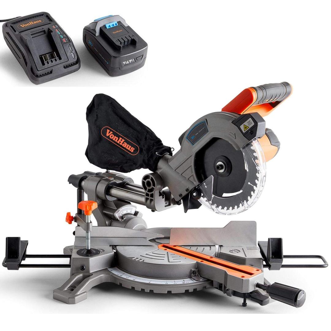 Vonhaus 20V MAX Cordless 185mm Mitre Saw – Rotating Base – Workshop Tool Precision Bevel & Tilt Cuts – 4.0Ah Battery and Charger Included – Compatible with The VonHaus D Range Battery & Chargers