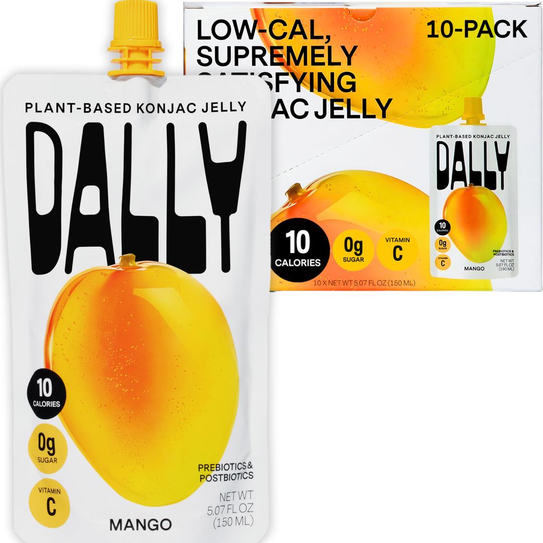 DALLY Mango Konjac Jelly Pouch (10 Pack) - Plant Based, Zero Sugar, Low-Calorie Jellified Fruit Snack - Vitamin C & Prebiotic Postbiotic Blend - Konjac Jelly Snack for Skin & Weight Management