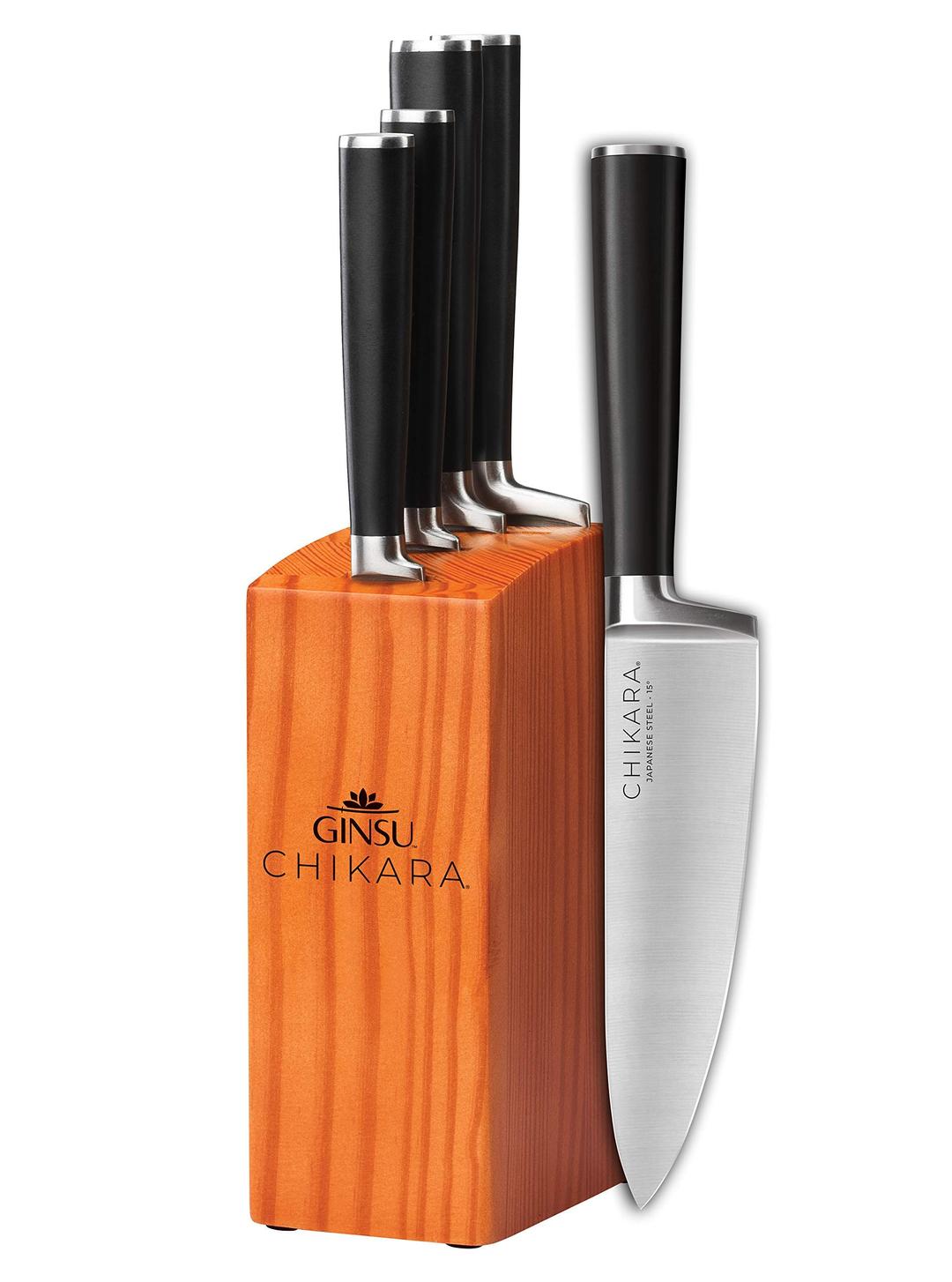 GINSUChikara Series Forged 5-Piece Japanese Knife Set, Black - Premium Cutlery Set with 420J Stainless Steel Kitchen Knives and Toffee Bamboo Block