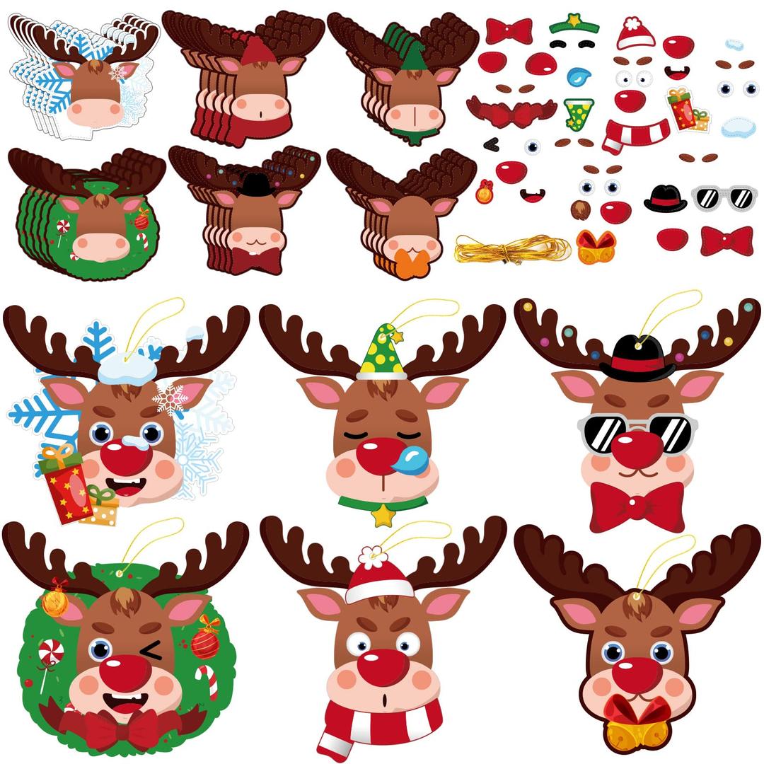 30 Packs Christmas Reindeer Ornament Craft Kit for Kids Holiday DIY Art Craft with Self Adhesive Stickers, Make Your Own Xmas Reindeer Christmas Decoration Home Classroom Party Game Activities