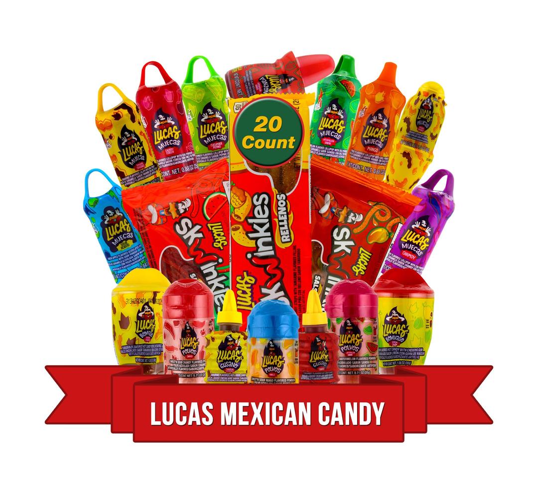 Lucas Mexican Candy Mix (20 Count) Variety of Sour, Sweet, Spicy, Include Pelucas, Baby Polvo, Lucas Muecas Chamoy, Gusano, Salsagheti, Bomvaso, Skwinkles Rellenos by LookOn.