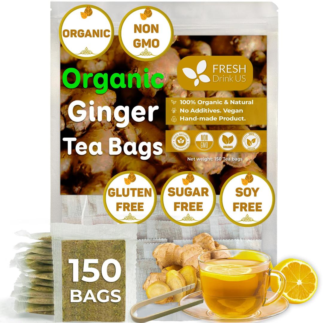 150 Ginger Tea Bags, Pure, Organic, Non-GMO, 100% Natural Ginger. Ginger Herbal Tea. Ginger Tea. No Sugar, No Caffeine, No Gluten, Vegan.