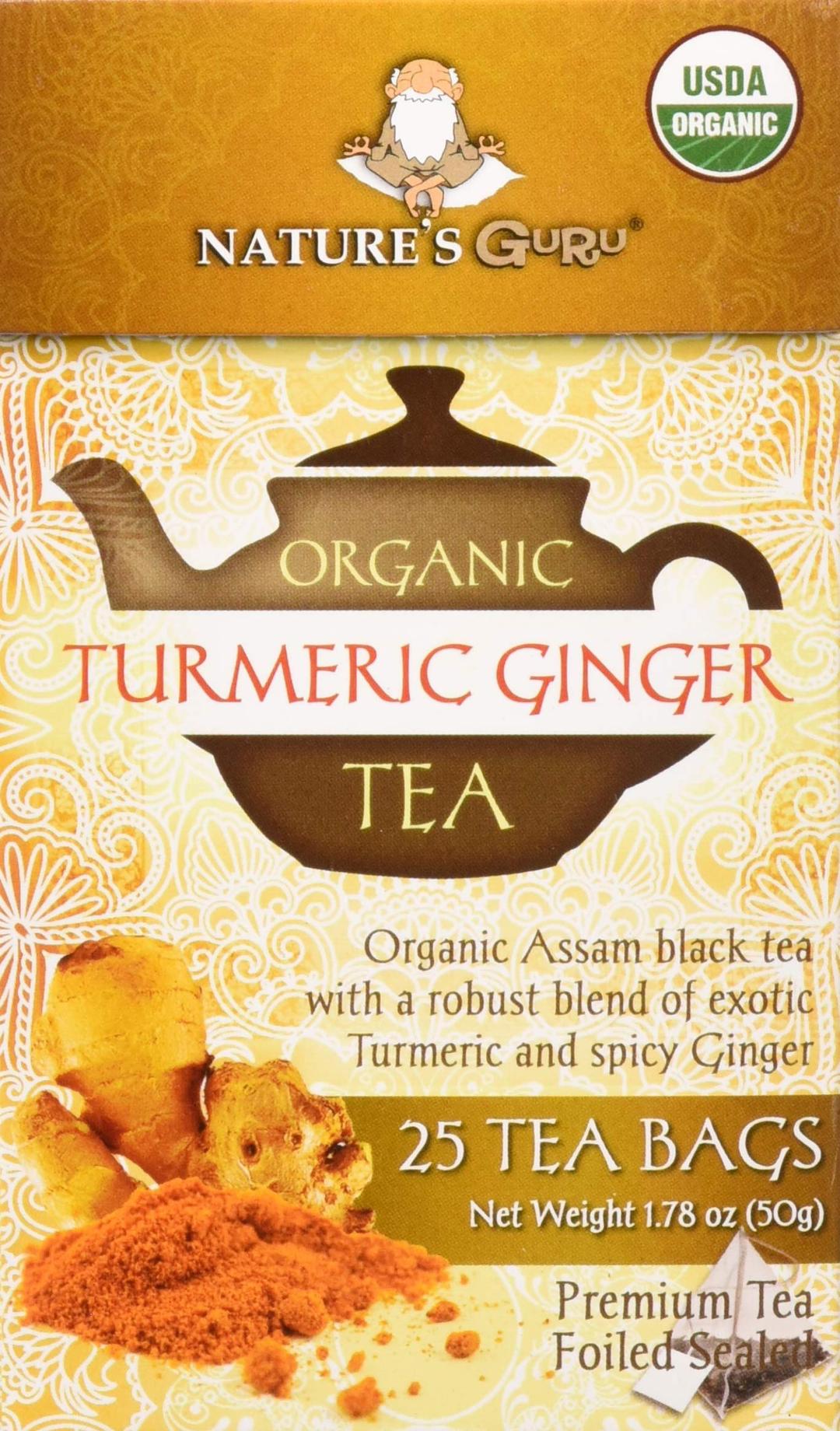 Nature's Guru Organic Whole Leaf Black Tea Turmeric Ginger 25 Count Individual Tea Bags