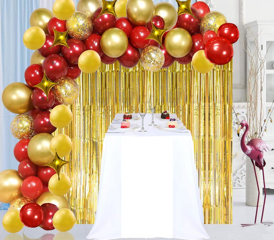 Balloon Garland Arch kit 84 pcs with Ruby Red and Gold Balloon, Star Balloon Confetti Balloons Gold Sequin Table Runner and Background Curtain for Birthday Party, Wedding, Christmas, New Year