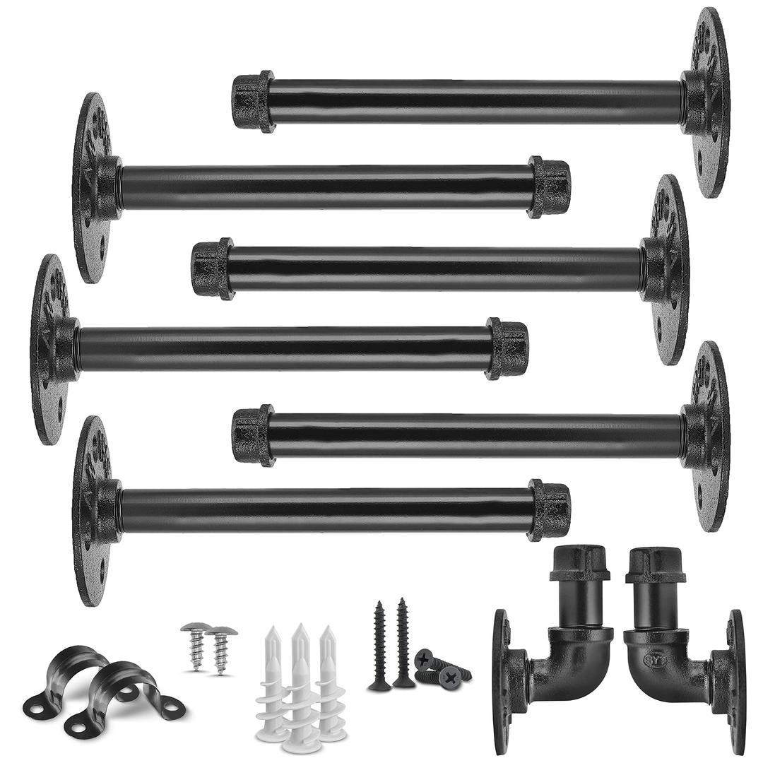 Set of 6 Black Iron Pipe Floating Shelf Bracket 8 Inch (Bonus: 2 Hooks), Heavy Duty Wall Mounted DIY Industrial Shelf Brackets Pipe Brackets for Floating Shelves, Hardware Included