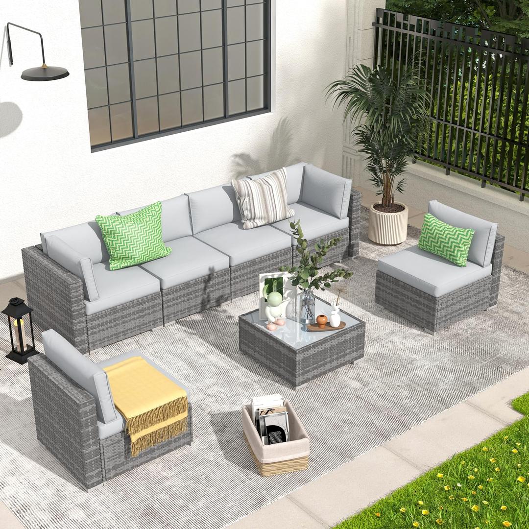 Patiorama 7 Pieces Outdoor Patio Furniture Set, All Weather Grey PE Wicker Rattan Sectional Conversation Set, Porch Garden W/Built-in Glass Table, Seat Clips, Light Grey Cushions