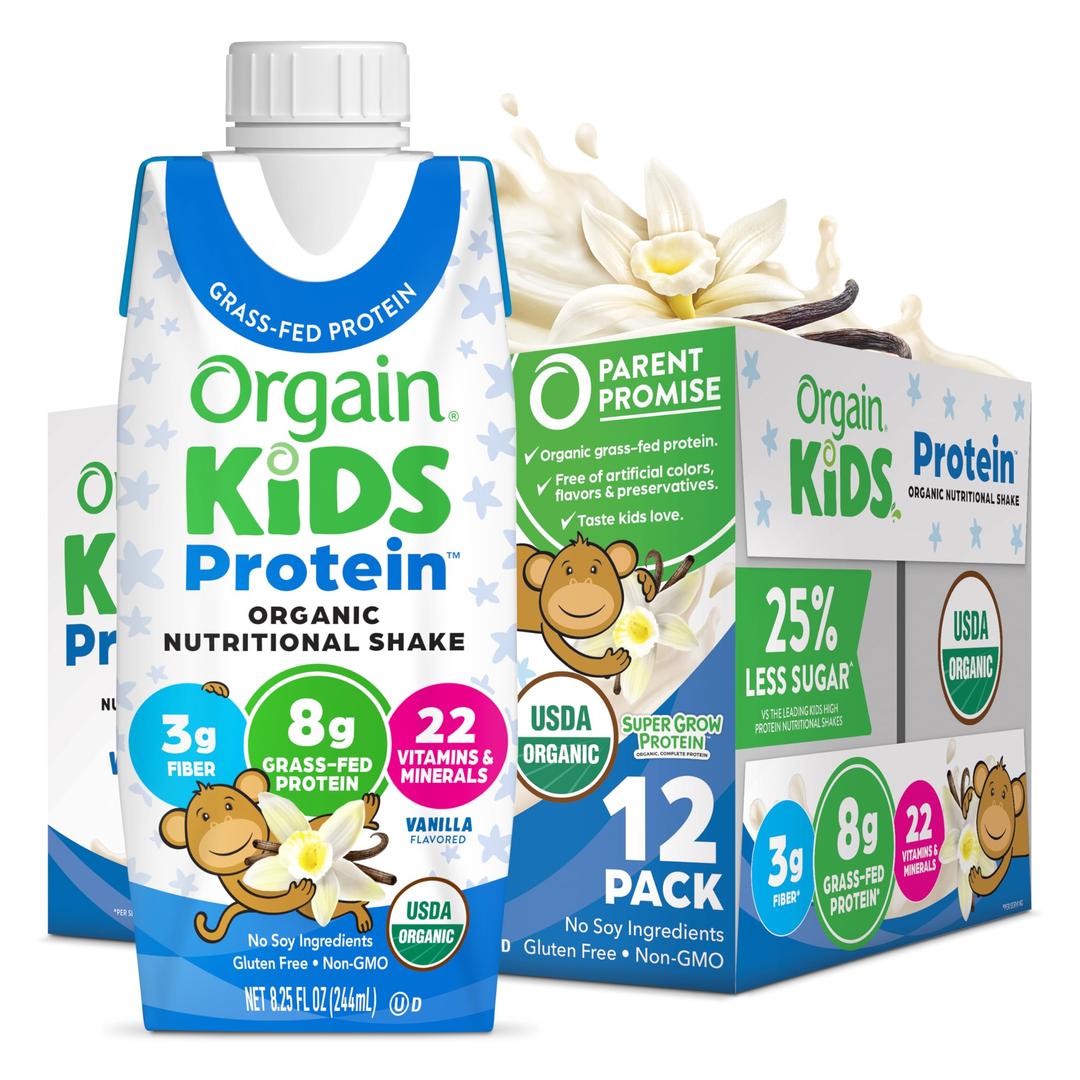 Orgain Organic Kids Nutritional Protein Shake, Vanilla, Healthy Kids Snacks, 8g Dairy Protein, 3g Fiber, 22 Vitamins & Minerals, No Soy ingredients, Gluten Free, Non-GMO, 8.25 Fl Oz (Pack of 12)