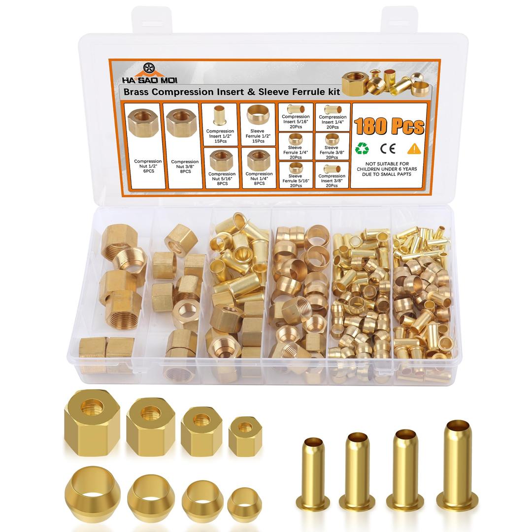 180PCS Compression Fittings Assortment kit - 4 sizes (1/4", 3/8", 5/16", 1/2") of Brass Compression Sleeve Ferrule, Insert and nuts - used to connect lines for air,water,fuel,oil and inert gases