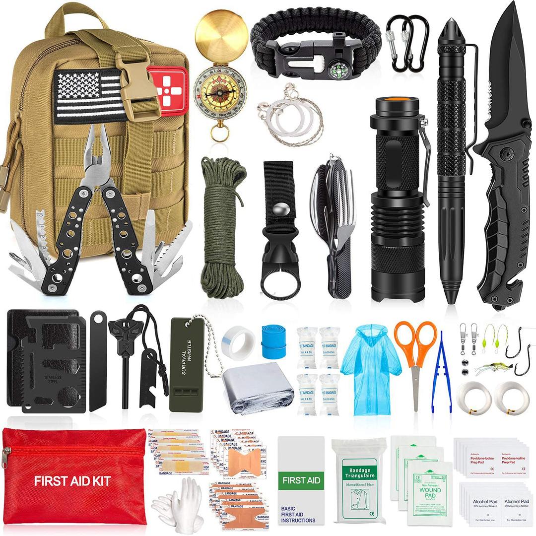 200Pcs Emergency Survival Kit and First Aid Kit Professional Survival Gear SOS Emergency Tool with Molle Pouch for Camping Adventures