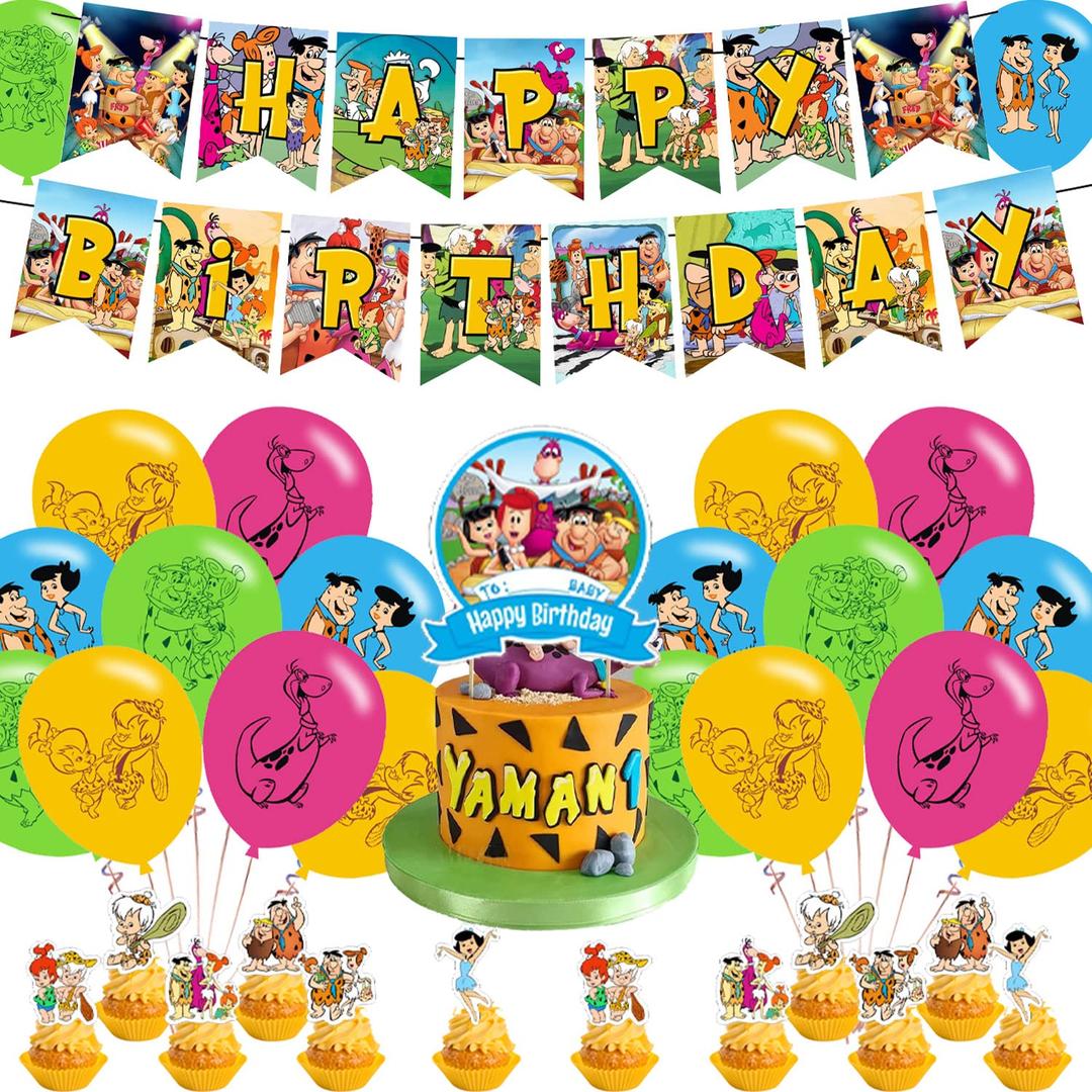 SAIAODIFlintstones Party Decorations,Birthday Party Supplies For Flints_tones Pebbles Bambam Includes Banner - Cake Topper - 12 Cupcake Toppers - 20 Balloons