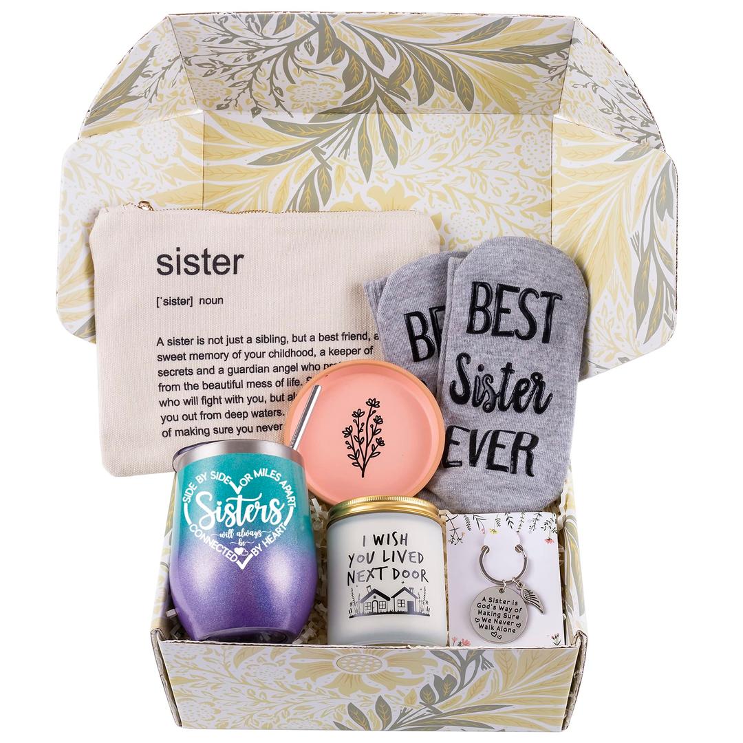 6 pieces Funny Sisters Birthday Gifts from Sister - Unique Christmas Gift Basket for Wine Tumbler, Candle, Keychain, Jewelry Dish, Socks, Makeup Bag