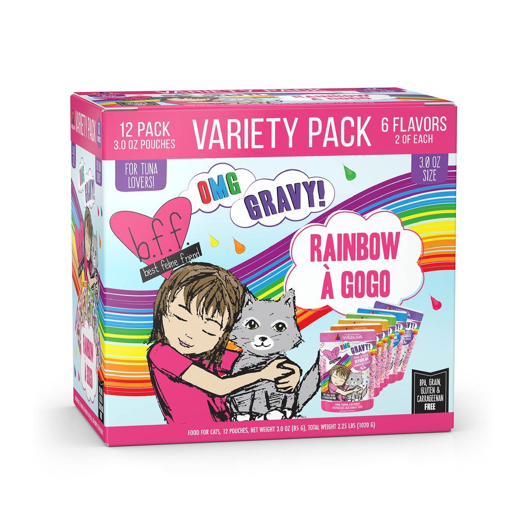 WeruvaB.F.F. OMG - Best Feline Friend Oh My Gravy!, Rainbow A Gogo Variety Pack! Cat Food, 3oz Pouch (Pack of 12)