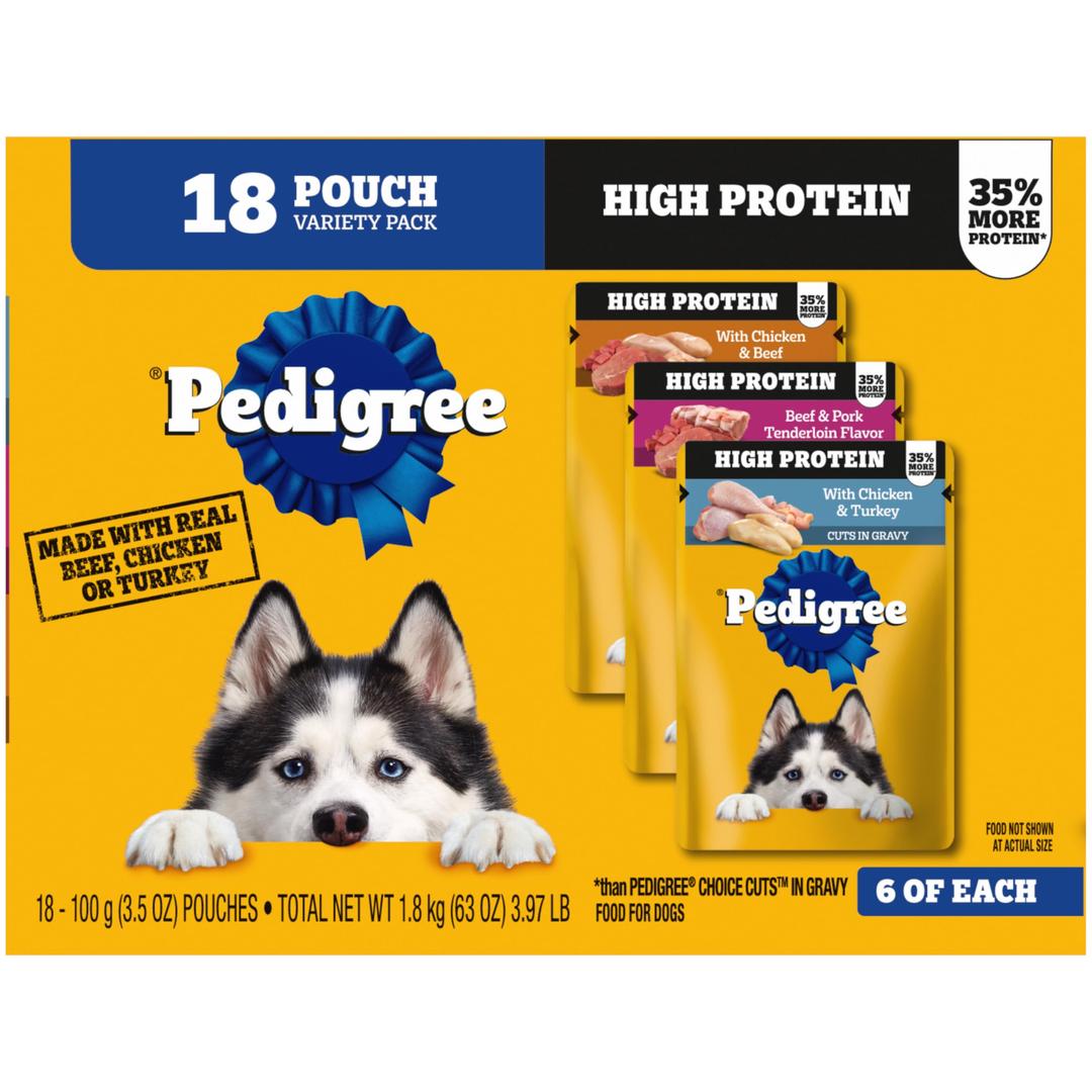 PedigreeHigh Protein Adult Wet Dog Food Pouches, Variety Pack, 3.5 oz. Pouches, 18 Count