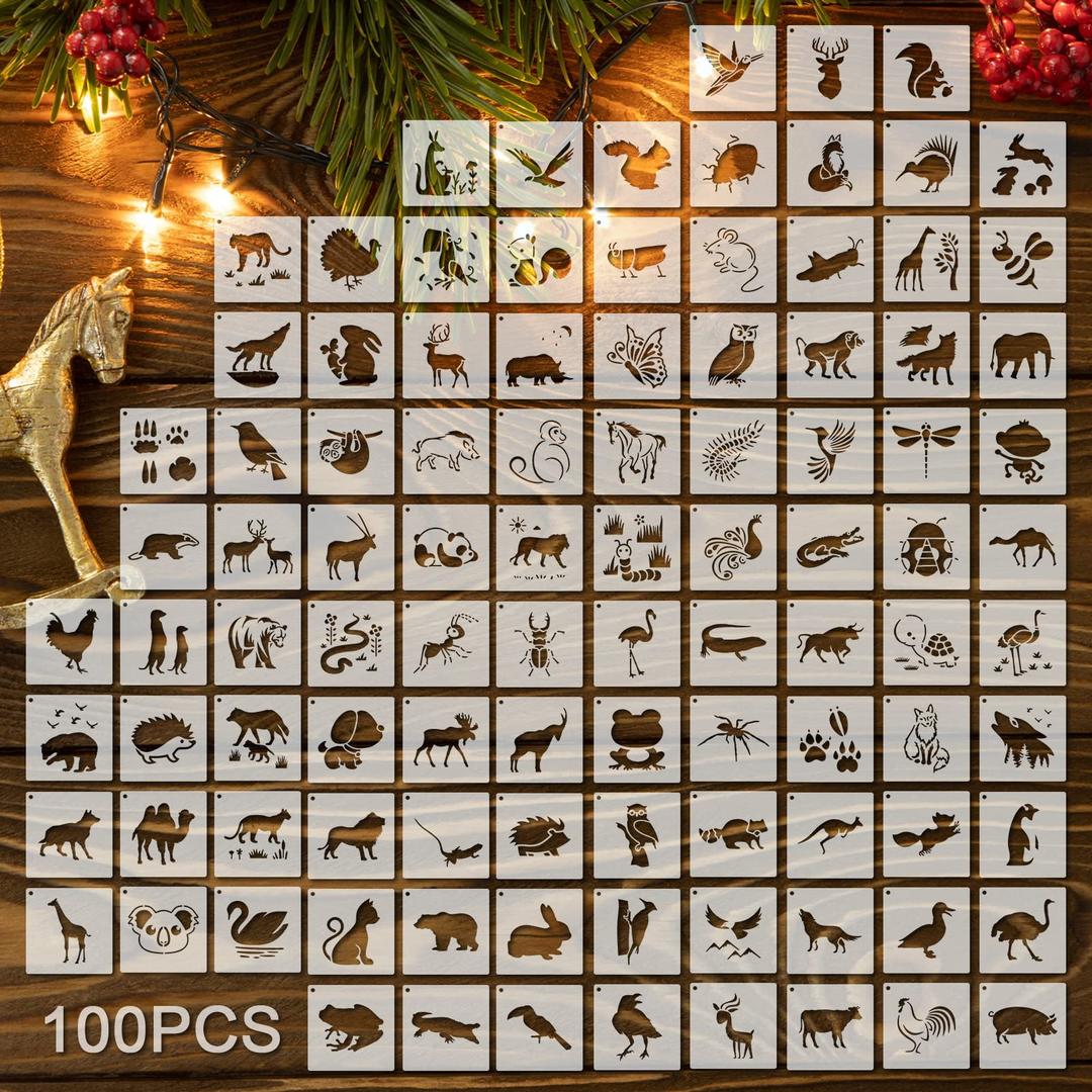 100 Pcs Stencils for Painting on Wood Reusable Stencil Crafts Drawing Templates Holiday Stencils Wall Paper Stencil Set for DIY Art Scrapbook Home Decor 2 x 2 Inch (Animals)