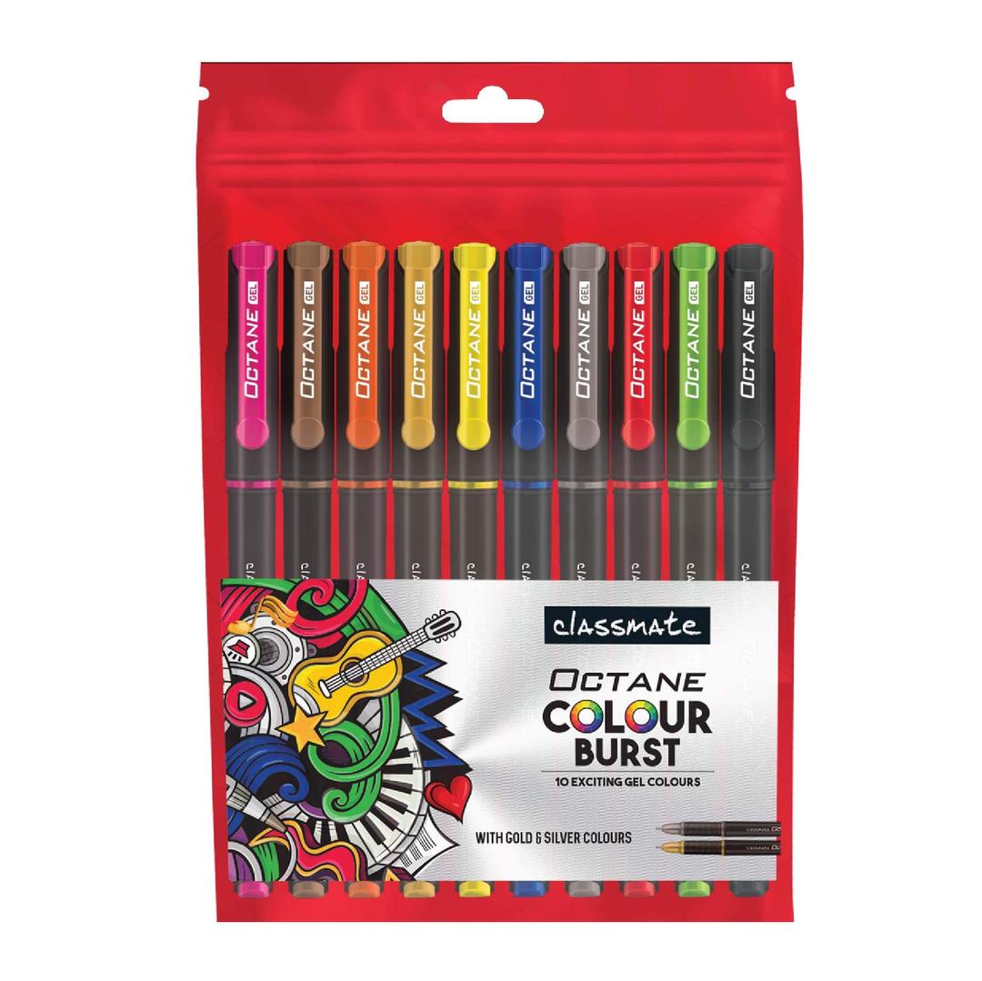 Classmate Octane Colour Burst-Multicolour Gel Pens (Pack of 10) | Gold & Silver Glitter Sparkle Pens|10 Colour Ink Shades for Art Lovers and Kids|Fun at Home Essentials