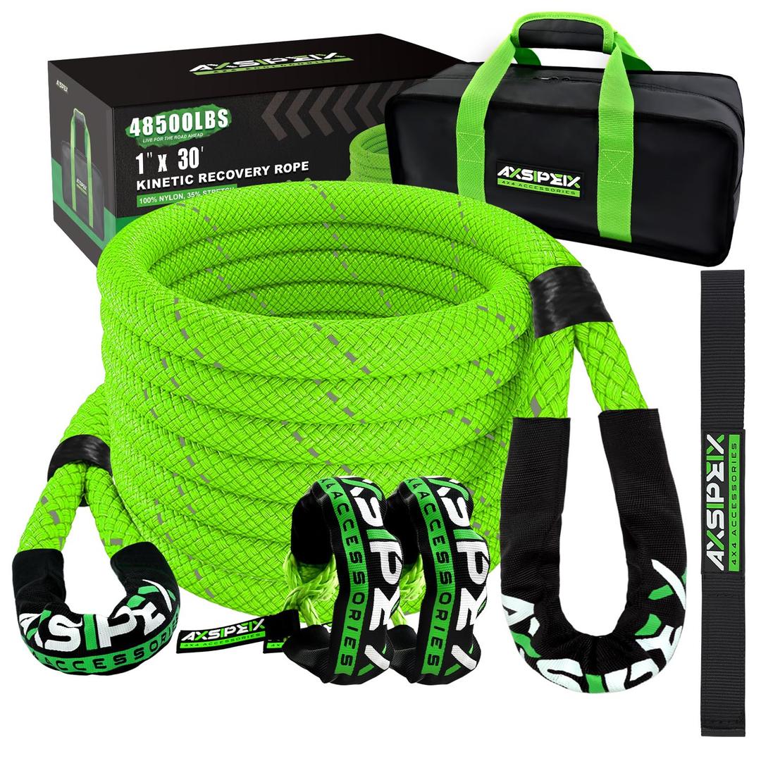 1"×30ft Kinetic Recovery Rope (48,500lbs) Heavy Duty Offroad Recovery Rope with 2 Soft Shackles 1/2" x 22" Offroad Recovery Kit for UTV, ATV, Truck, Car (Green)