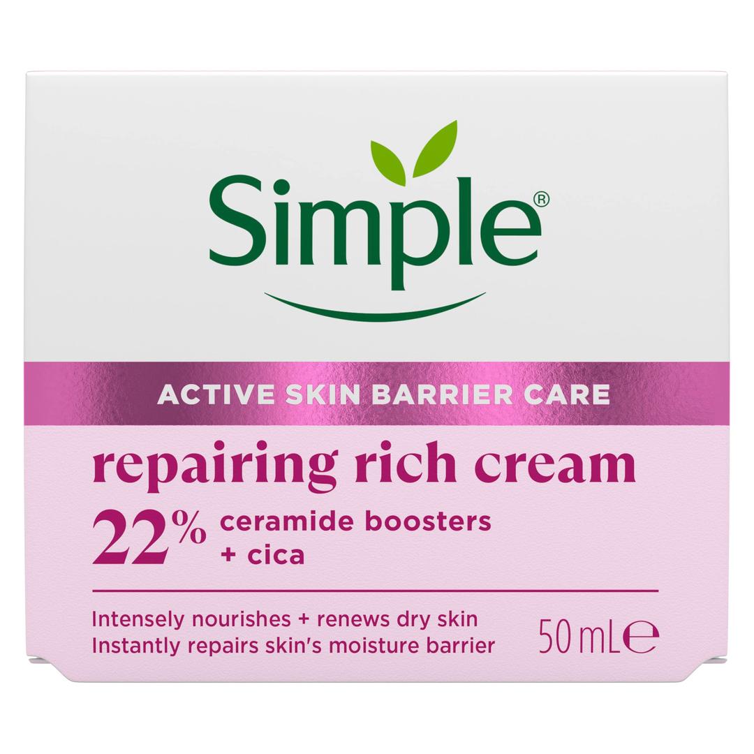 Simple Repairing Rich Face Cream facial moisturiser with 22% ceramide boosters, organic cica and provitamin B5 for a stronger skin barrier repairs and replenishes very dry, sensitive skin 50 ml