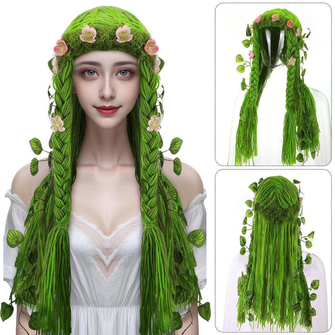 XunYee 23 Inch Mother Earth Costume Wig Mother Nature Costume Wig Long Green Wig Halloween Costume Wig for Women Party Wig for Halloween Female Cosplay