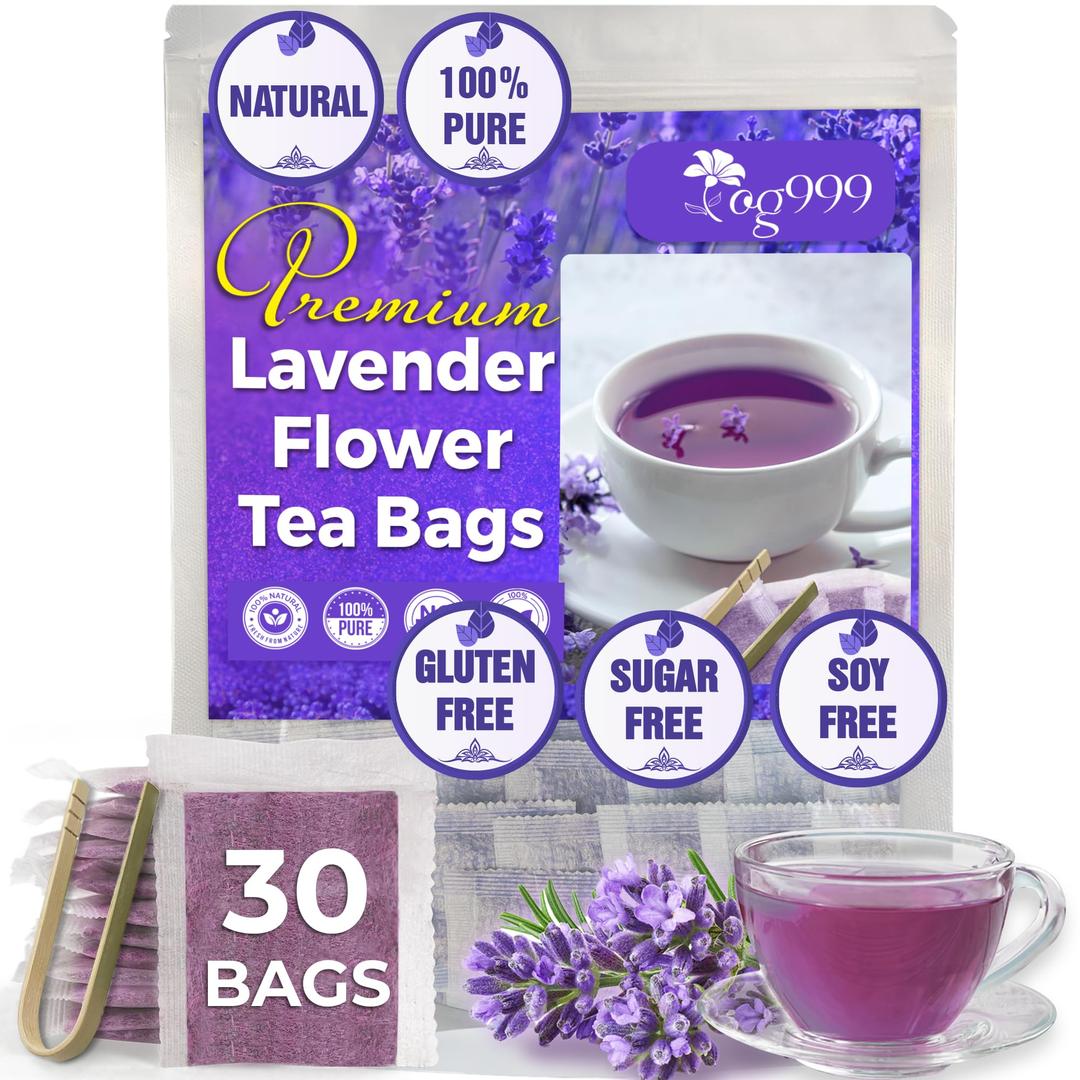 TOG999, Premium 30 Lavender Flower Tea Bags, 100% Natural & Pure from Lavender Flowers. Loose Flower Lavender Herbal Tea. Lavender Flower Tea. No Sugar, No Caffeine, No Gluten, Vegan.