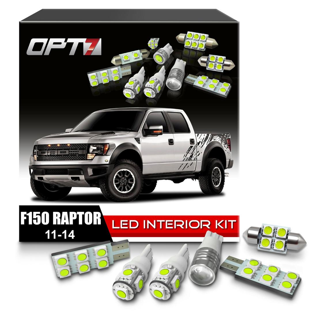 OPT7 10pc Interior LED Replacement Light Bulbs Package Set kit for 11-14 Ford F150 Raptor 6000K White | Dome Map Courtesy License Plate and More!