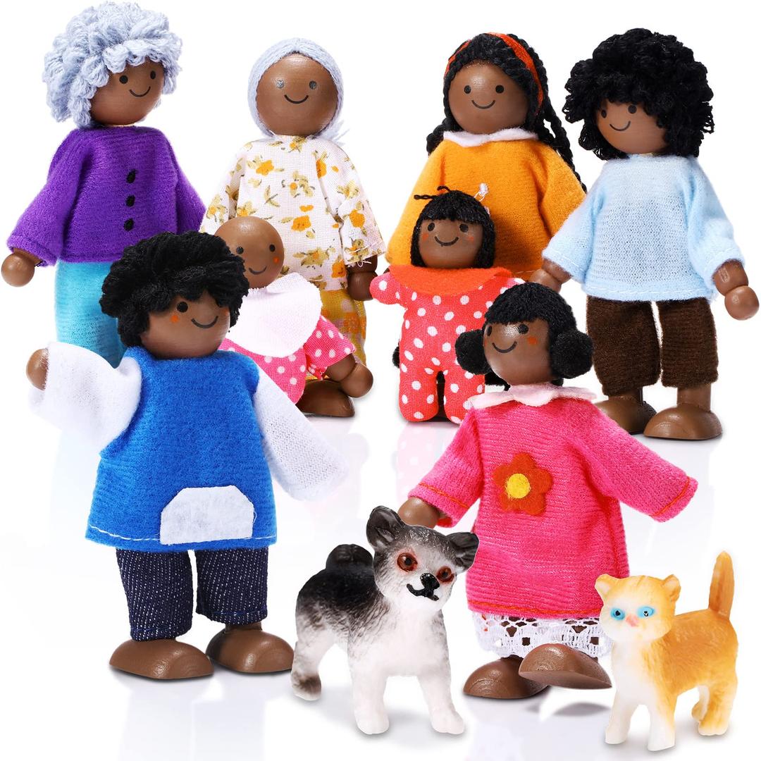 10 Pcs Wooden Dollhouse Family Set of 8 Mini People Figures and 2 Pets, Dollhouse Dolls Wooden Doll Family Pretend Play Figures Accessories for Pretend Dollhouse Toy (Cute Style)