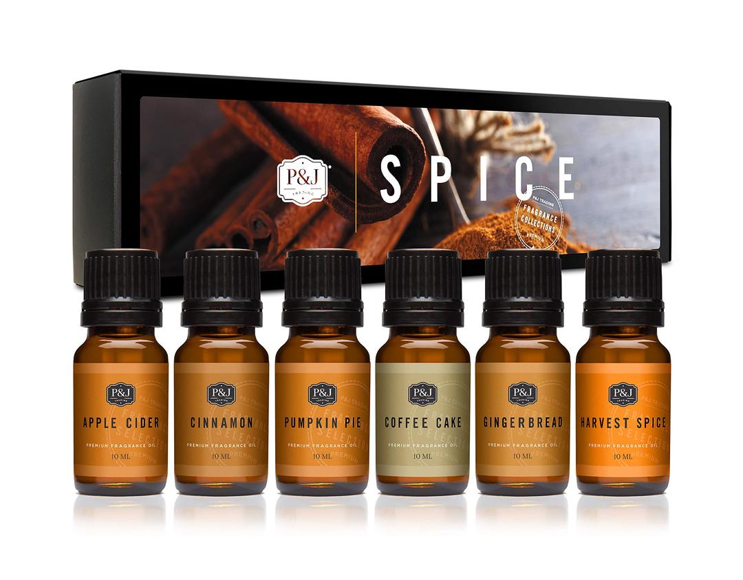 P&J TradingSpice Set of 6 Premium Grade Fragrance Oils - Cinnamon, Harvest Spice, Apple Cider, Coffee Cake, Gingerbread, Pumpkin Pie - 10ml