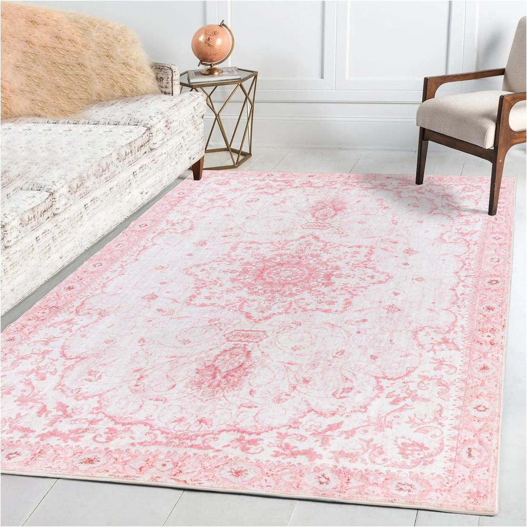 Area Rug 5x7 - Vintage Honeycomb Non Slip Bedroom Rug Pink Rug Soft Faux Wool Carpet Foldable & Machine Washable Rugs for Living Room Nursery Room Dorm Kids Playroom Home Office