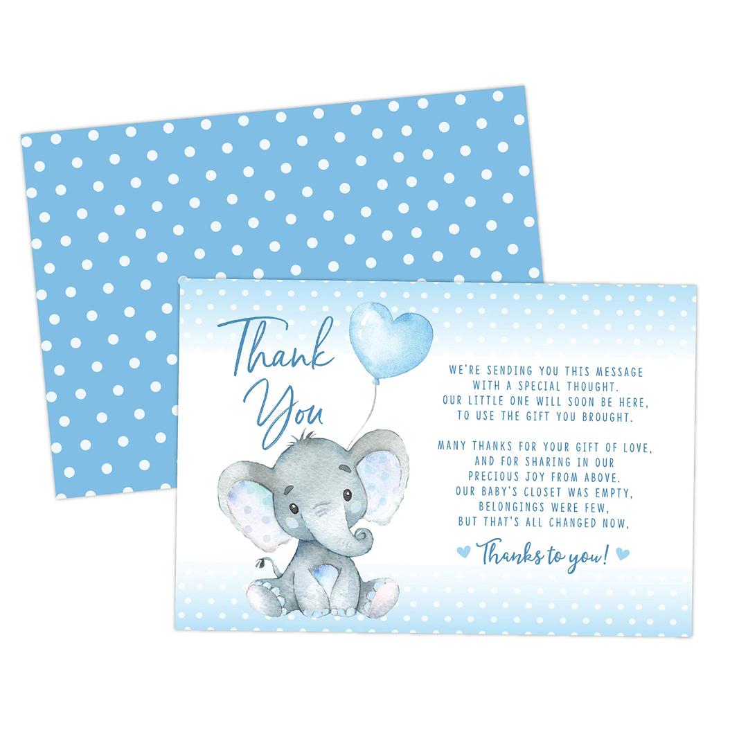 Elephant Baby Shower Thank You Cards 20 Count Pre-written Thank You Cards, Baby Sprinkle Blue Dots