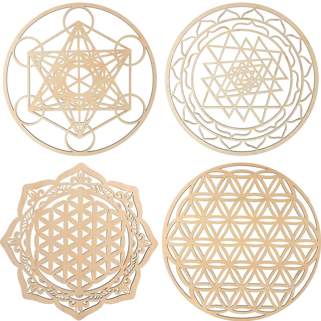 Youyole4 Pcs 12 Inch Crystal Grid Board Sacred Geometric Wall Art Wooden Set Metatron's Cube, Flower of Life, Sri Yantra, Mandala Flower of Life Zen Wall Decor for Home Room Hanging