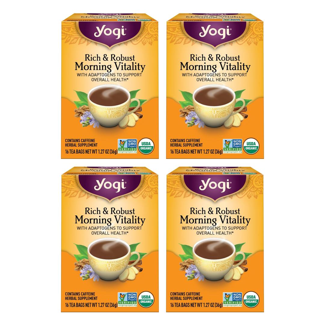 Yogi Tea Rich & Robust Morning Vitality Tea - 16 Tea Bags per Pack (4 Packs) - Organic Adaptogen Tea Perfect for the Morning - Includes Puerh Tea Leaf, Roasted Chicory Root, Cinnamon Bark & More